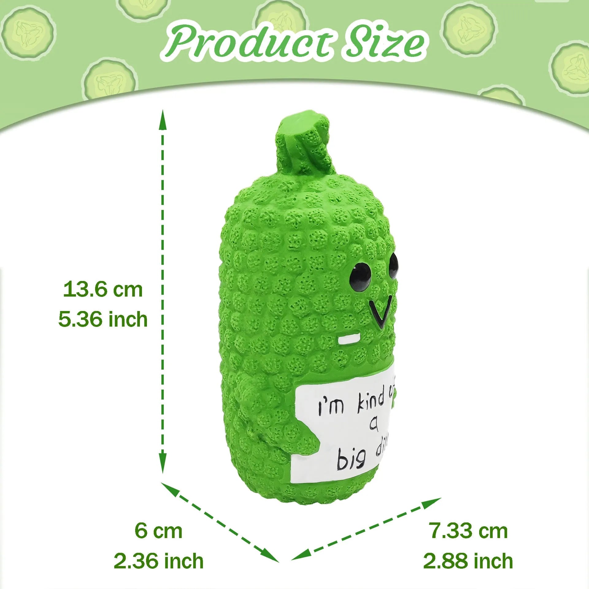 Green pickle-shaped latex dog squeaky toy with textured surface for chewing.