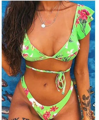 Women's split printed bikini set with yellow flowers, high elasticity nylon, backless retro dots design