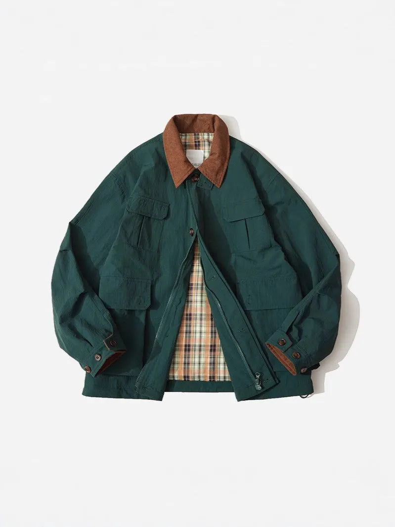 Green and apricot unisex casual jacket with long sleeves and side pockets