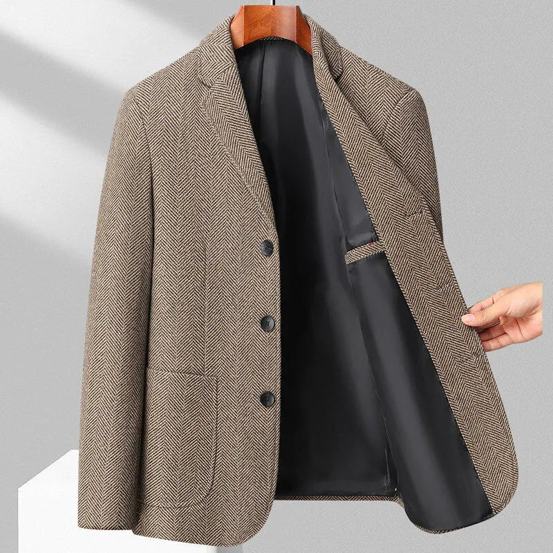 Men's loose fit solid colour wool blend coat for casual spring and autumn wear.
