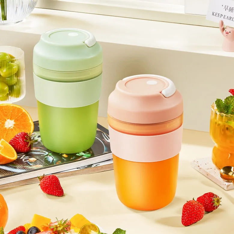 Portable rechargeable blender juicer cup 400ml with four stainless steel blades in avocado green
