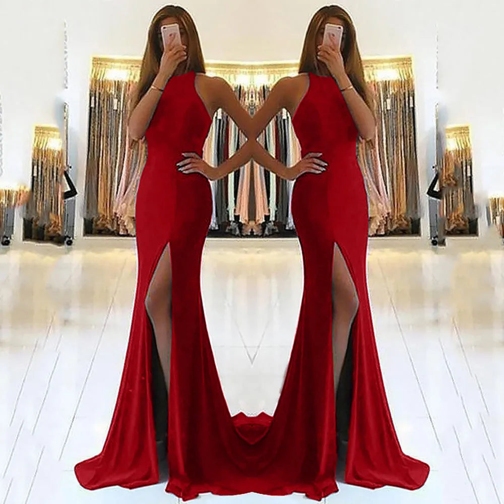 Women's red knitted evening dress with long swing skirt, high waist, and hollow detailing