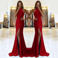 Women's red knitted evening dress with long swing skirt, high waist, and hollow detailing