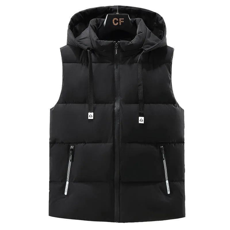 Men's warm thickened solid colour vest with removable hood, polyester fibre, black colour, zipper bag pocket, straight hem