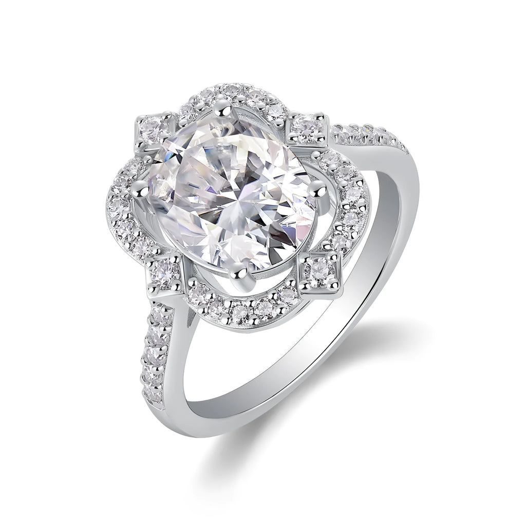 Camellia moissanite wedding ring with egg-shaped 8x10mm stone in S925 silver platinum-plated setting