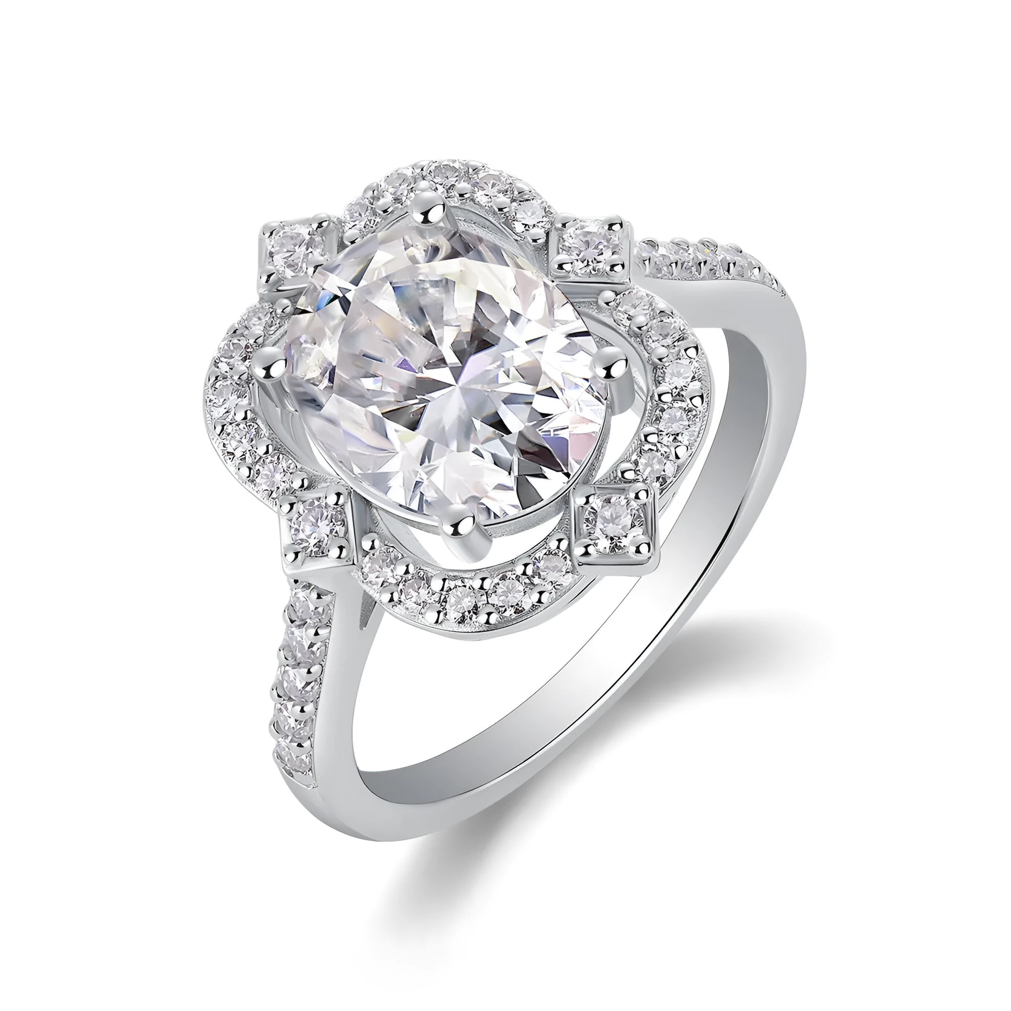Camellia moissanite wedding ring with egg-shaped 8x10mm stone in S925 silver platinum-plated setting
