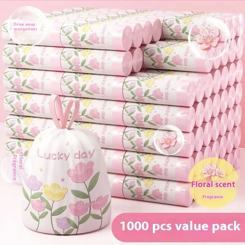 Pink degradable garbage bags with drawstring, featuring argy wormwood mosquito repellent properties