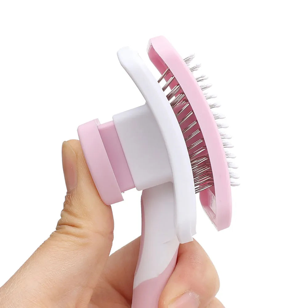 Self-cleaning slicker brush for dogs and cats with gentle bristles and one-click hair release button