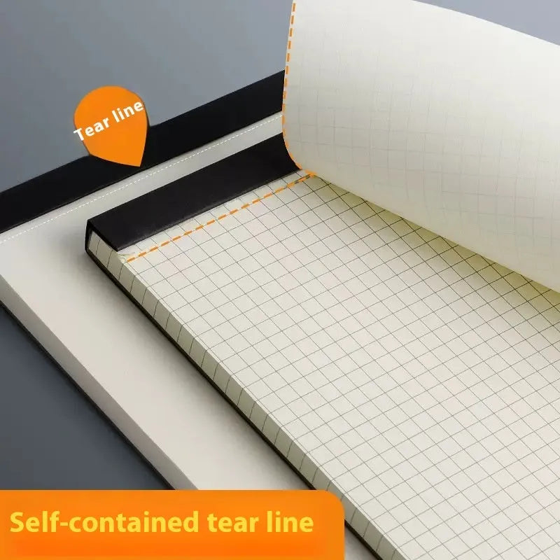 Tearable A5, B5 and A4 writing pads with 80 sheets, showing horizontal line, grid, and blank page options.