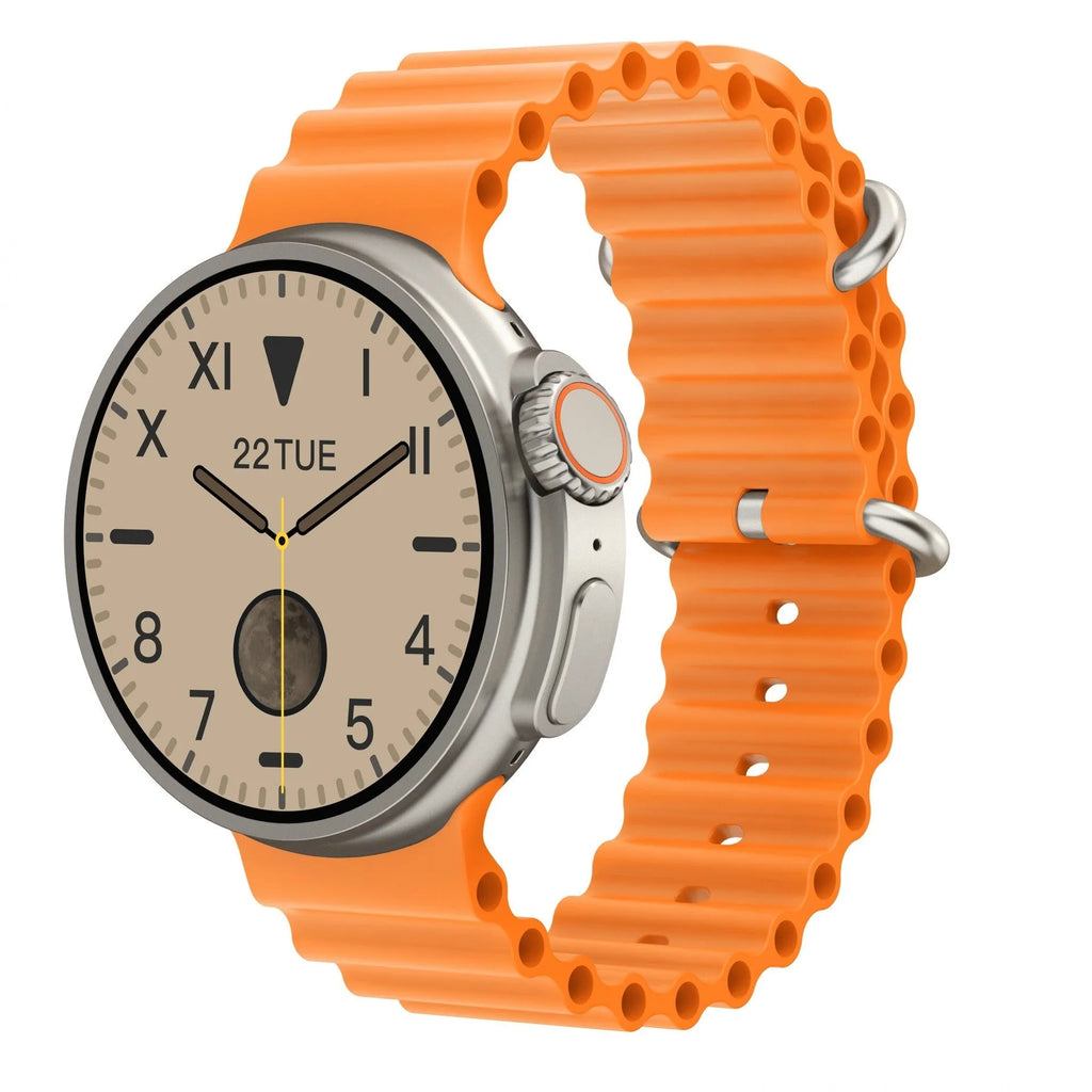 K9 smart watch with round screen on silicone strap showing health metrics display