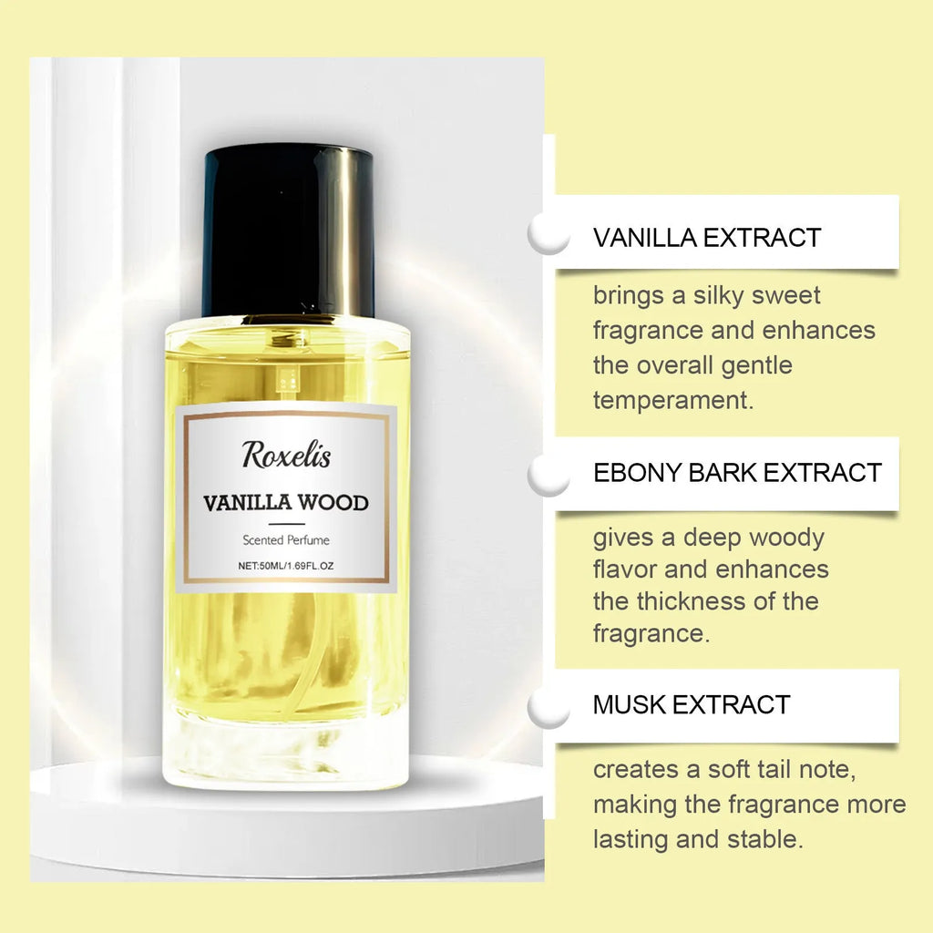 50ml clear bottle of vanilla musk ebony bark perfume eau de parfum unisex