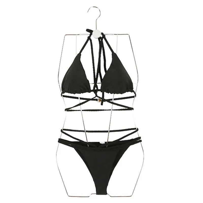 Women's nylon bikini swimsuit two-piece set in black for hot spring swimming and wading