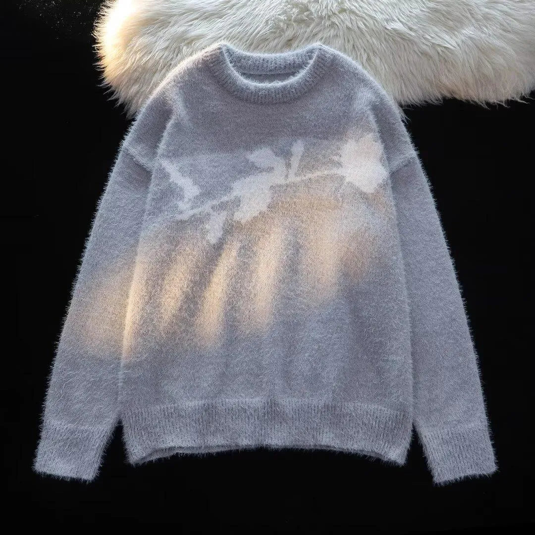 American dark rose flocking horse sweater for men, long sleeve pullover in black, cotton blend fabric