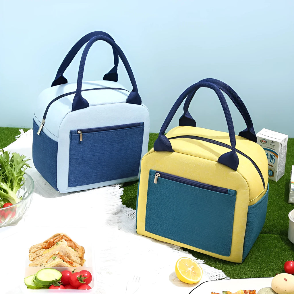 Multi-purpose insulated lunch bag in Oxford cloth with aluminium foil lining, available in blue, green beige, pink, and yellow green colours