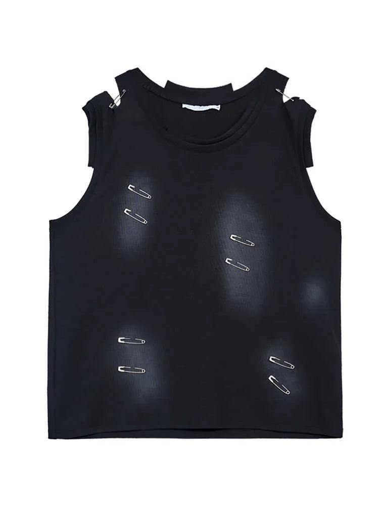 Men's black distressed waistcoat vest with irregular cut edges and sleeveless design