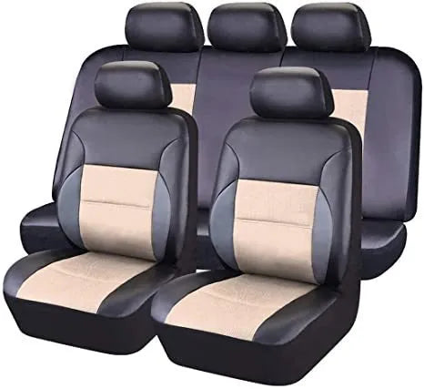 Artificial leather car seat covers in black, grey, beige, red or blue colours with headrest covers