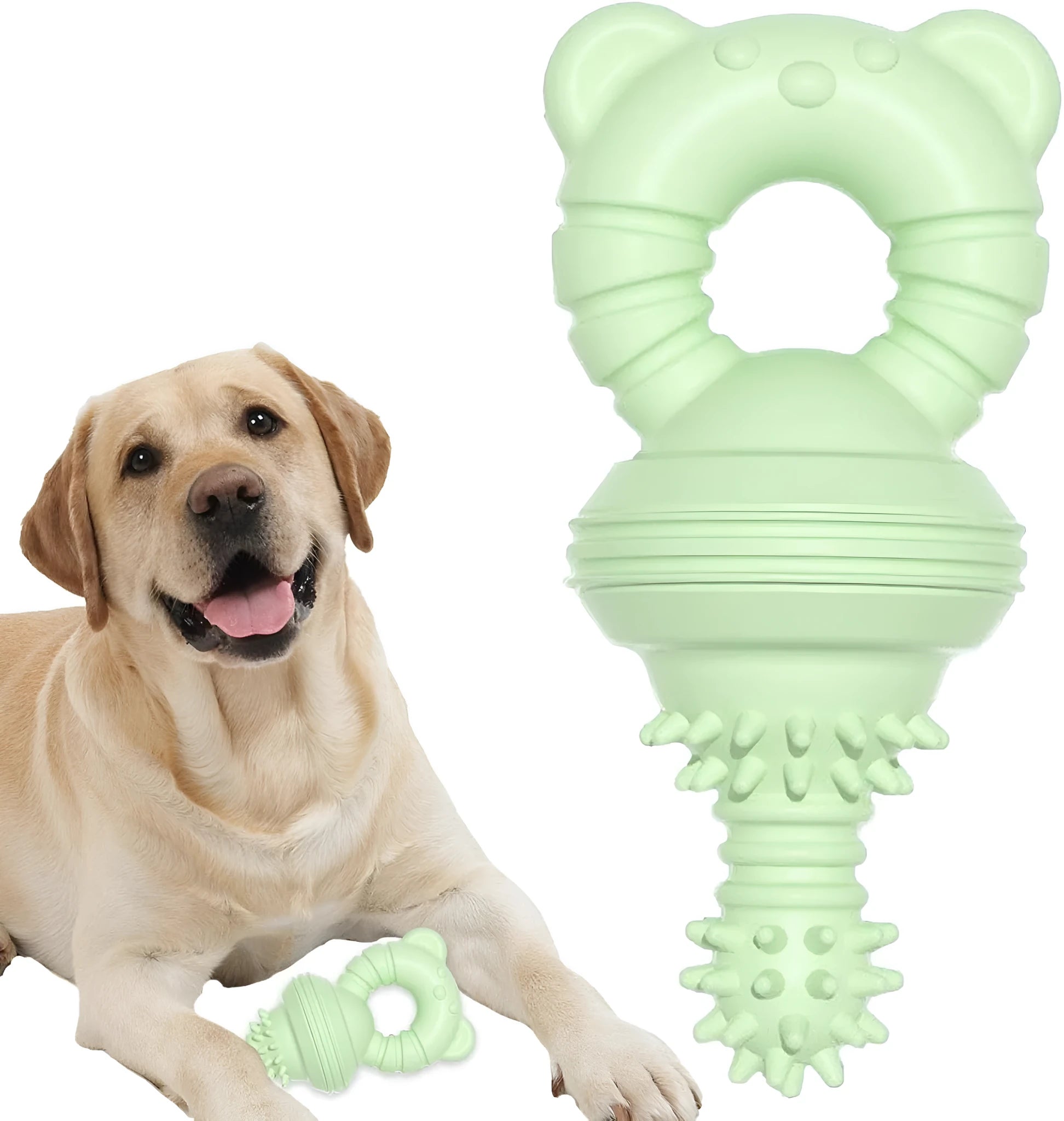 Blue rubber dog chew toy with textured concave-convex surface for teeth cleaning