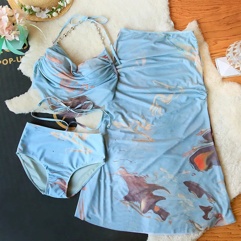 Women's three-piece bikini swimsuit in blue printing with steel support push-up bra and matching skirt