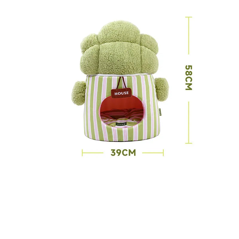 Creative cauliflower tree hole enclosed small dog house and cat house in green plush material