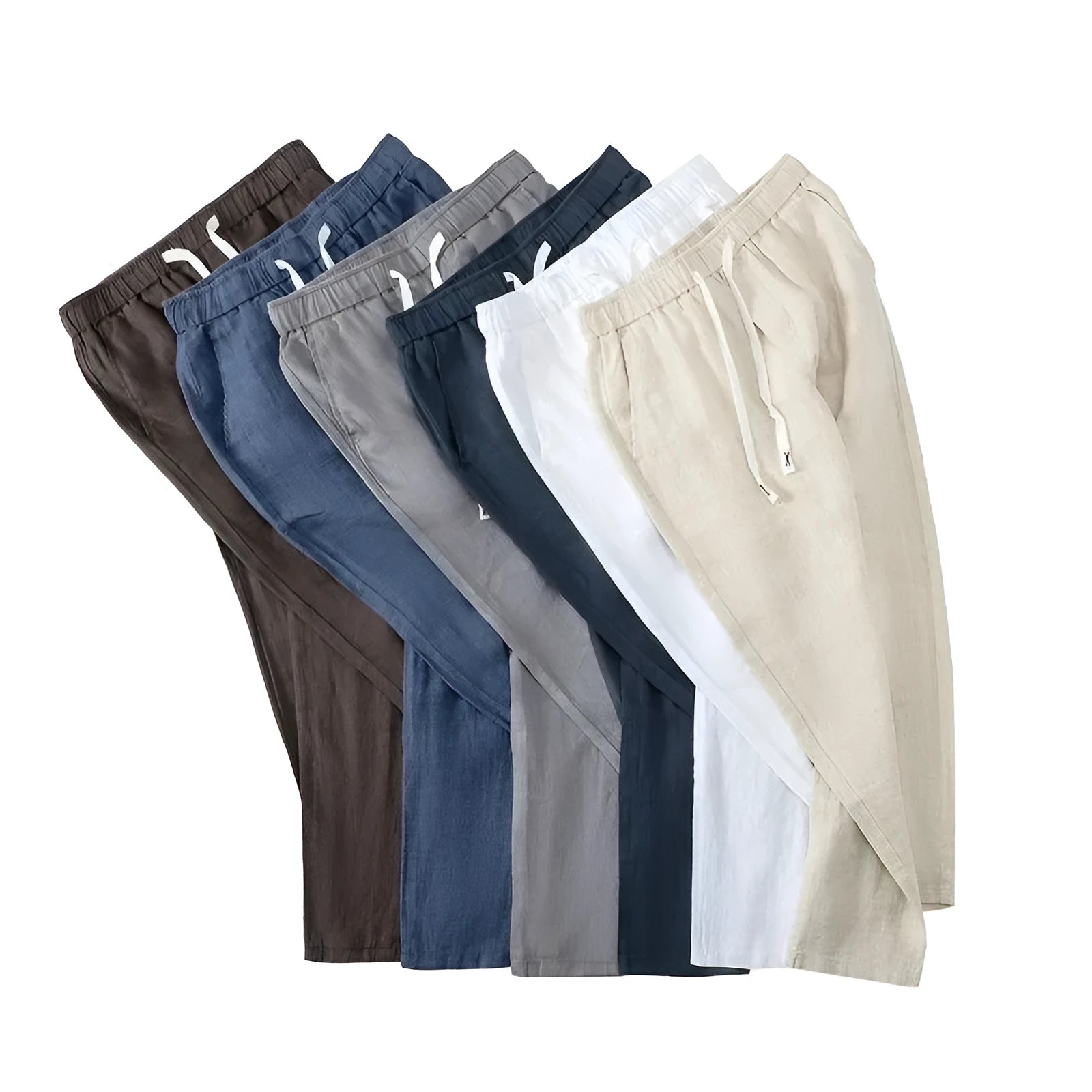 Pure linen Chinese style straight leg trousers with elastic drawstring waist in various colours.