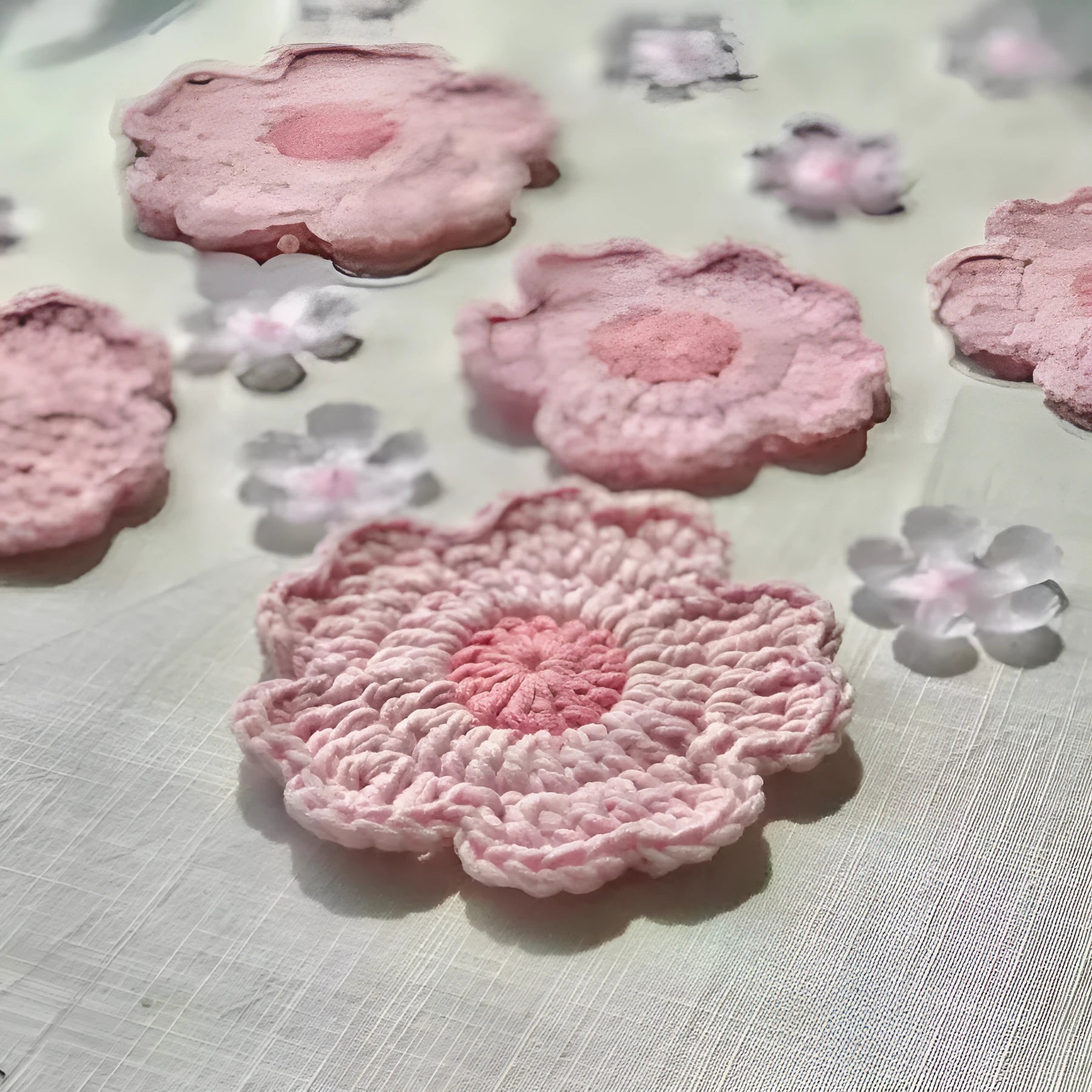 Hand-woven finished wool coaster on a wooden table surface