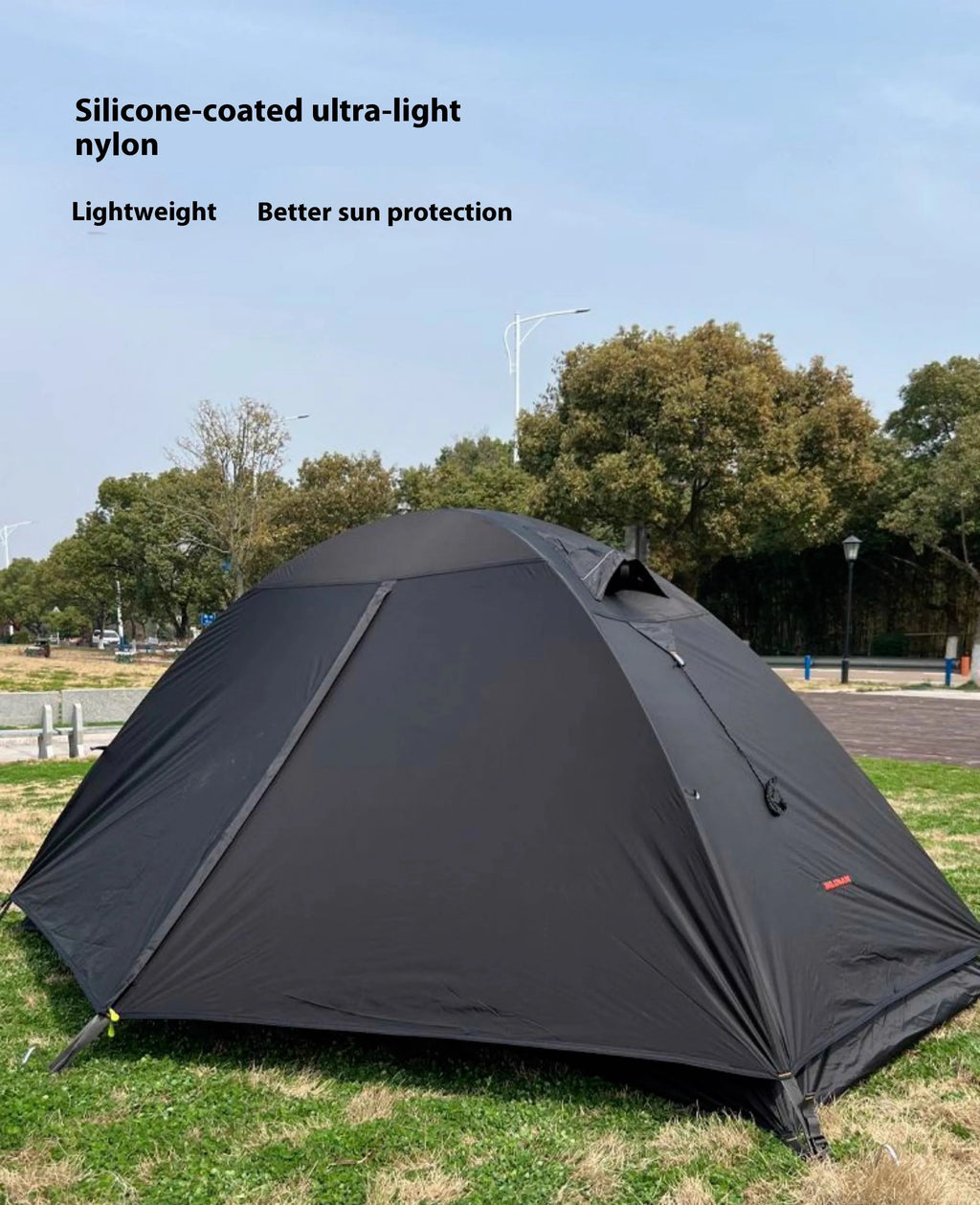 Single person hiking tent with aluminum poles in red, shown with double layer design and mesh ventilation panel.