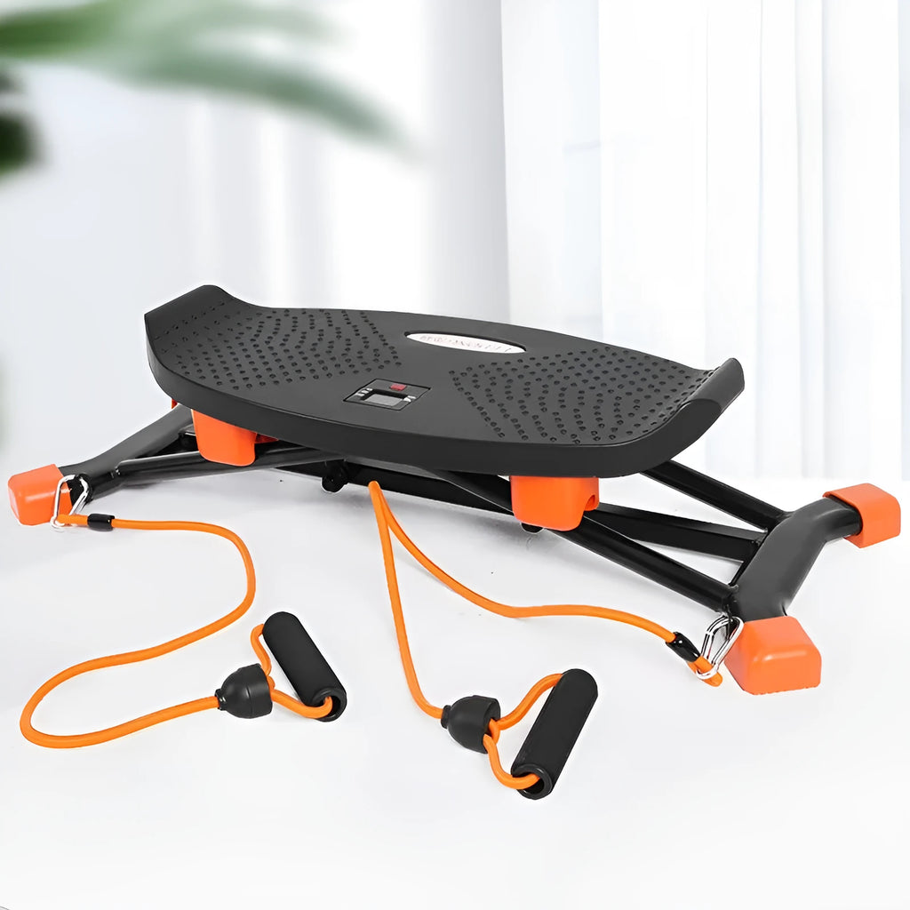 Black mini fitness skiing machine JS101A with elastic hand straps for home workouts.
