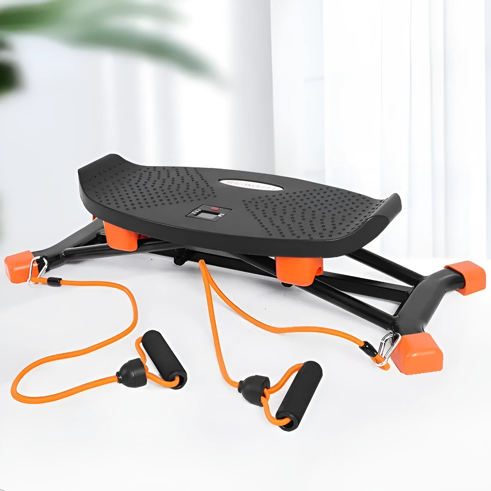 Black mini fitness skiing machine JS101A with elastic hand straps for home workouts.