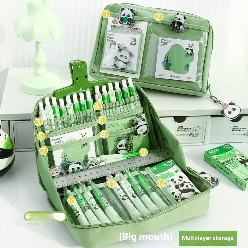 Green 12-layer canvas pencil case with panda motif and open layers showing pen storage