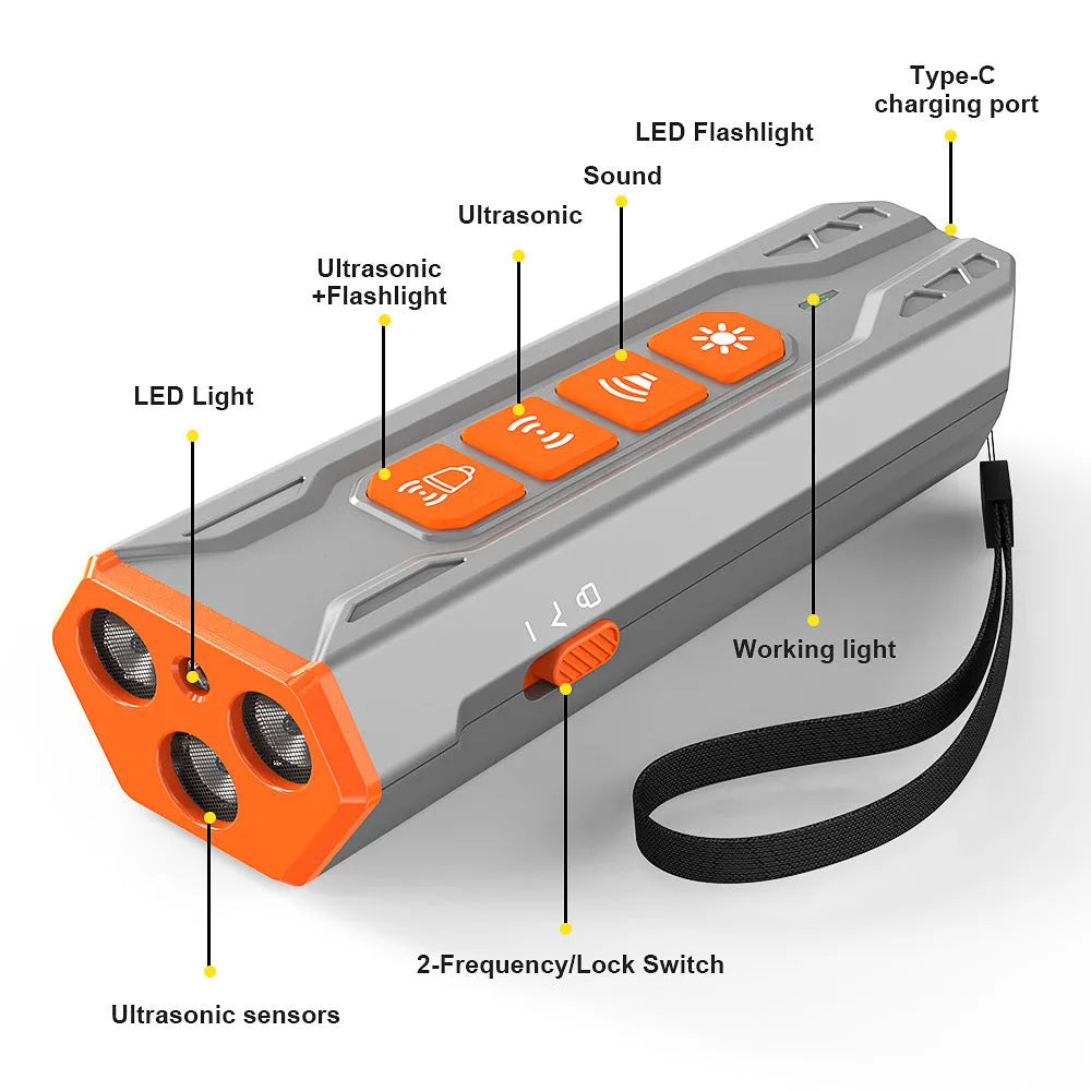 Ultrasonic dog trainer with three head design in grey orange and black orange colour options