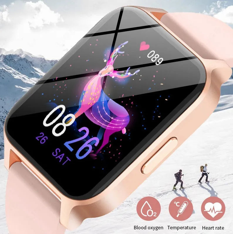 Smart colour screen health detection watch with black mesh strap displaying heart rate and blood oxygen data.