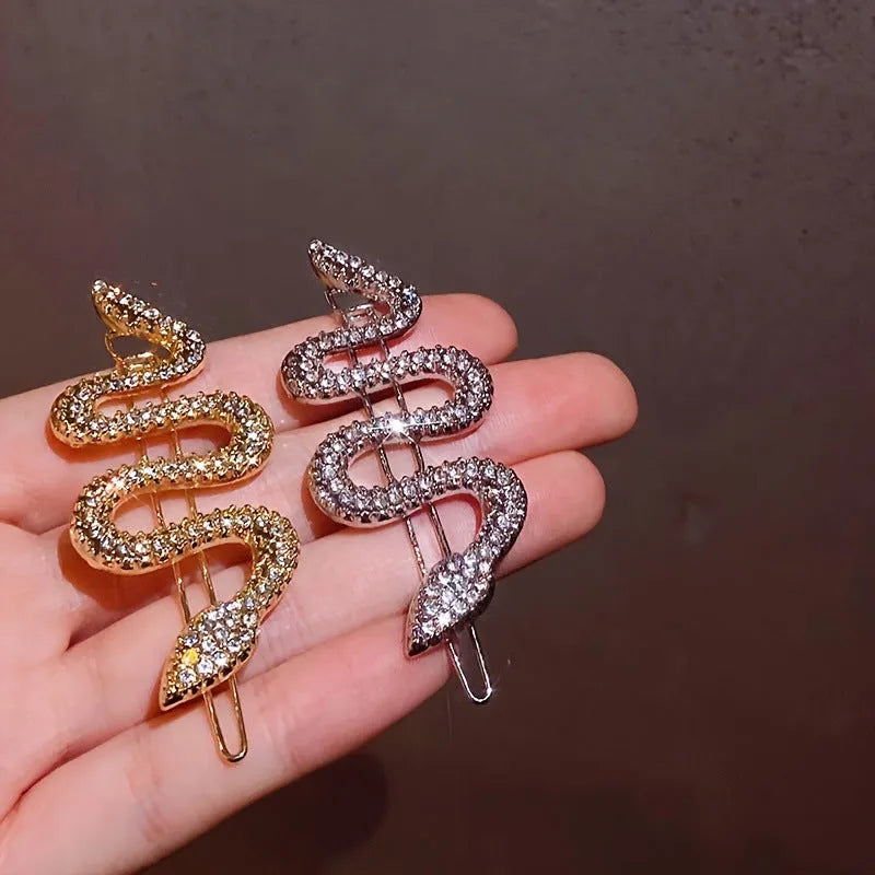 Vintage Korean snake-shaped hair clip with full rhinestone coverage in gold or silver electroplated alloy