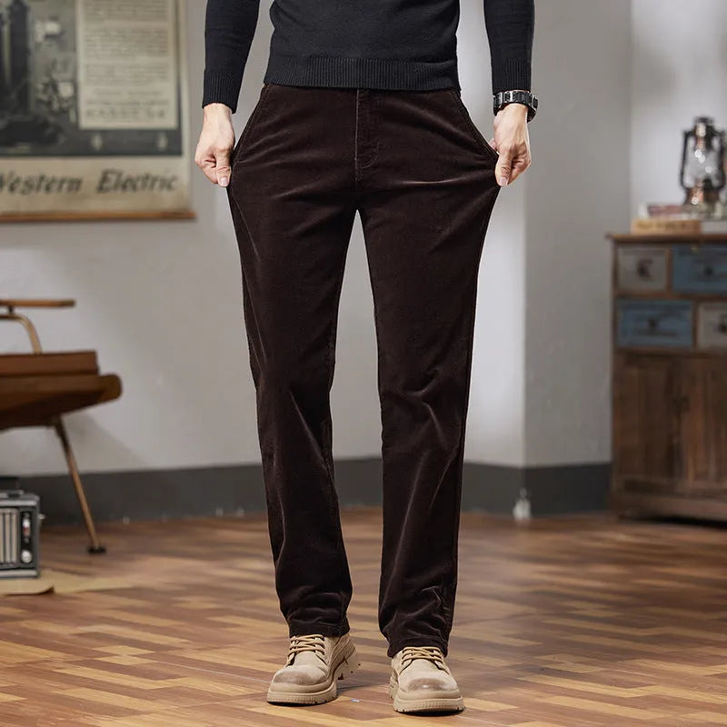 Slim fit straight corduroy trousers in black cotton fabric with mid waist, available in multiple sizes