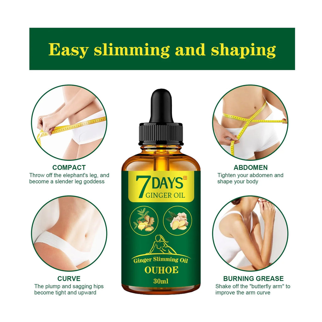 30ml bottle of ginger body shaping essential oil for firming thighs and muscles