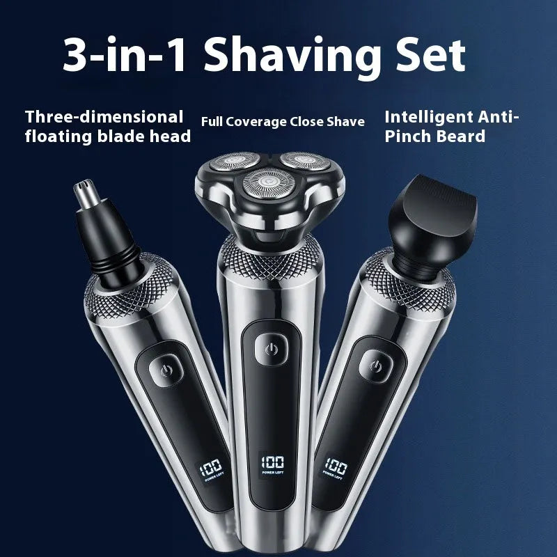 Digital display USB rechargeable beard trimmer with washable floating head on its five-in-one storage bracket.