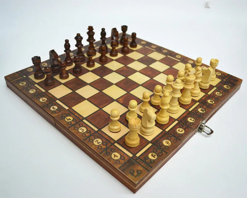 Wooden magnetic 3-in-1 chess set folding board with wooden chess pieces king height 5.5cm