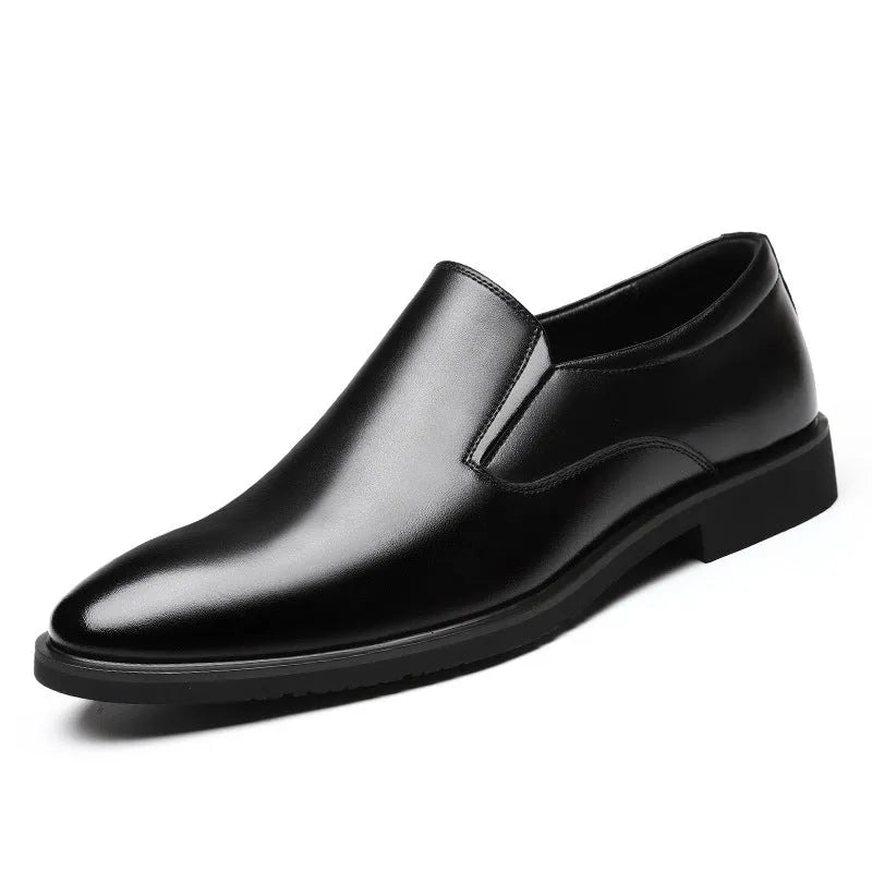 Men's black low top slip-on business casual leather shoes with rubber sole
