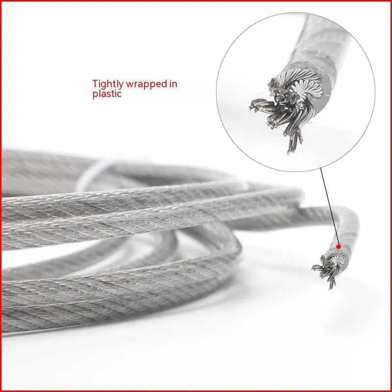 Coil of 304 stainless steel multi-strand security cable on a white background