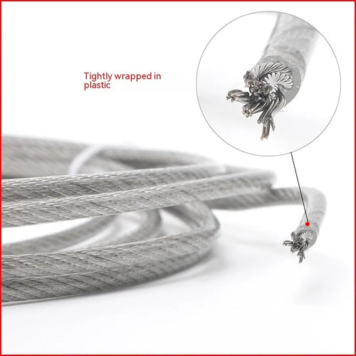 Coil of 304 stainless steel multi-strand security cable on a white background