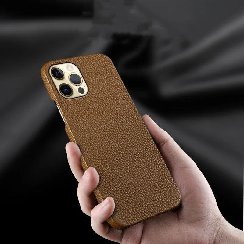 Genuine leather iPhone protective case in beige colour, showing minimalist half-frame design on an iPhone model.