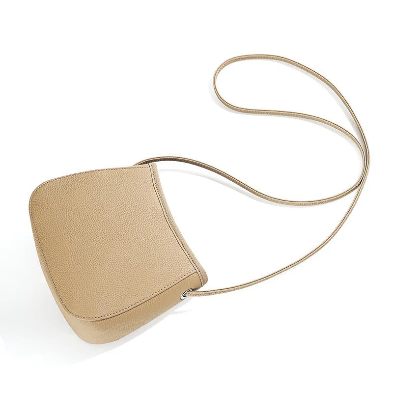 Genuine cowhide messenger bag for women square vertical shape with sewn thread detail in beige