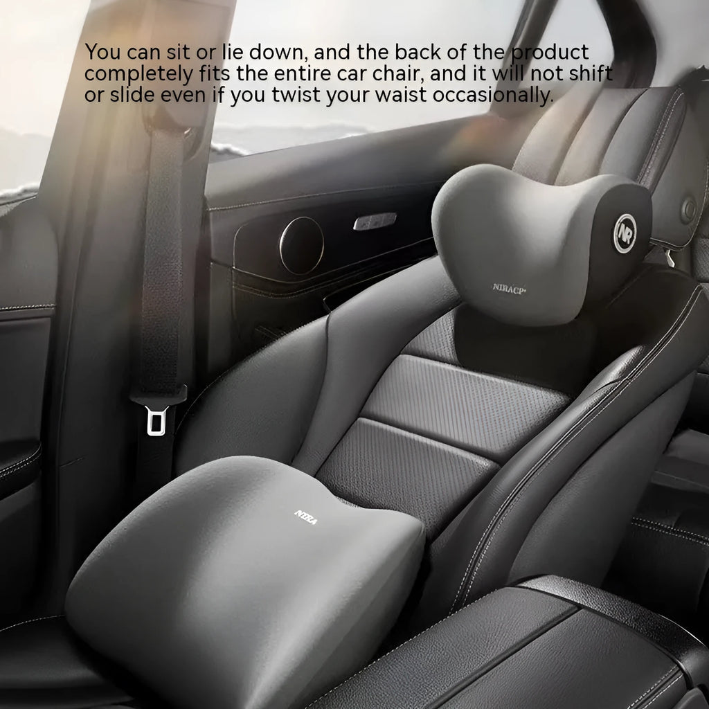 Car headrest and lumbar support pillow set with memory foam and milk silk cover in black