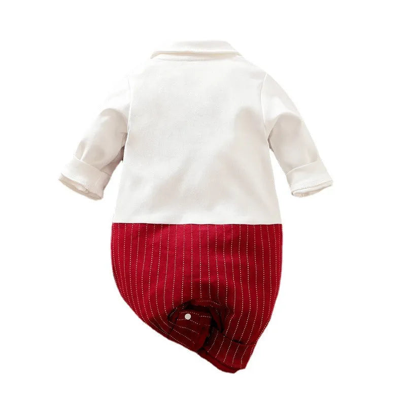 Wine red cotton baby boy romper with long sleeves and single-breasted front.