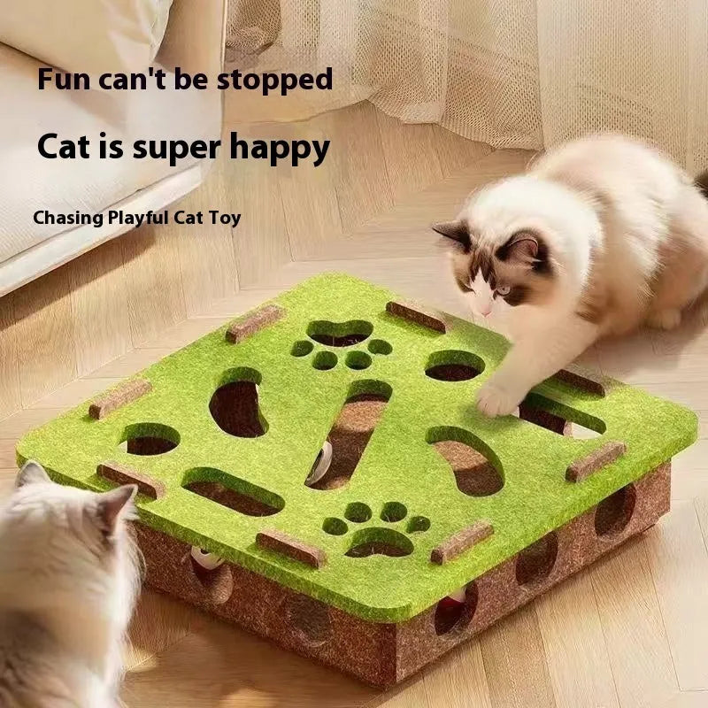 Square green brown felt cat scratching pad with a centre hole, dimensions 30x30x7.5 cm.