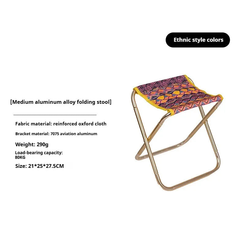 Black aluminium folding camping stool with ethnic patterning in folded and unfolded positions