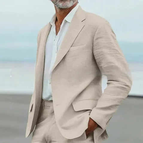 Men's linen blend slim fit business banquet two-piece suit in beige with jacket and trousers