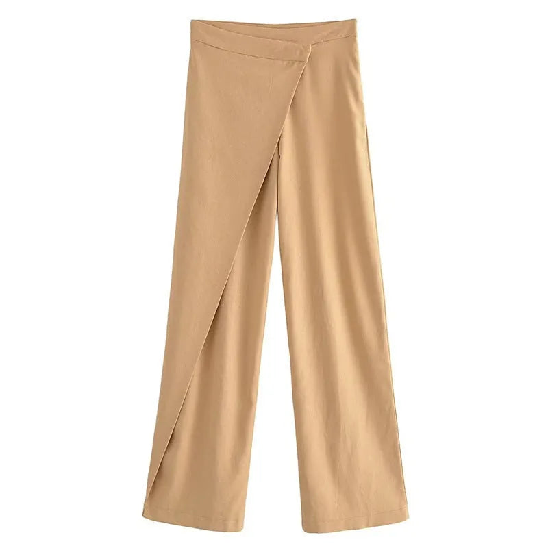 Women's linen-cotton blend straight-leg trousers in khaki, mid-waist, size M, casual street fashion style
