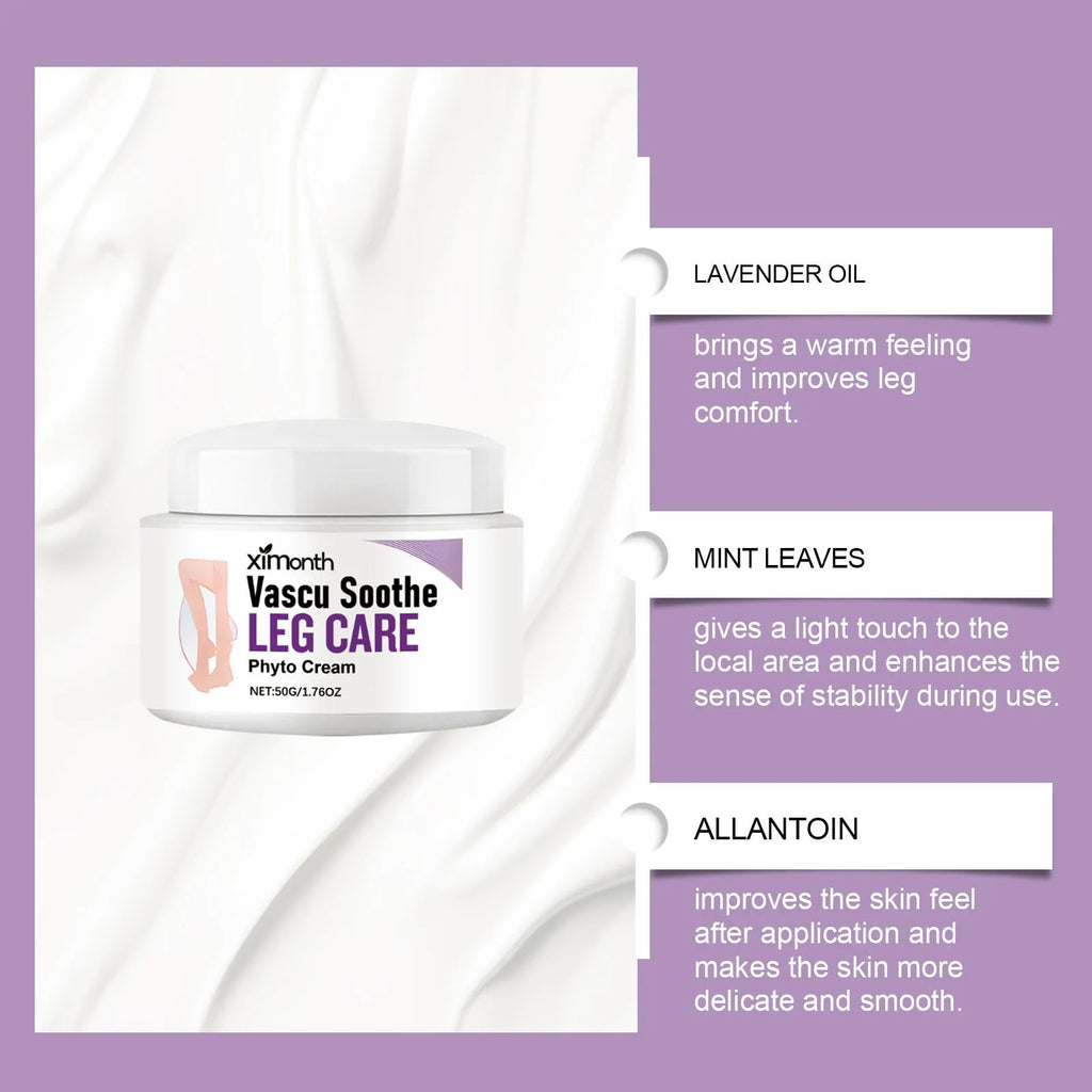 50g tube of Discomfort Moisturizing Daily Massage Cream with lavender oil and mint leaf on a neutral background