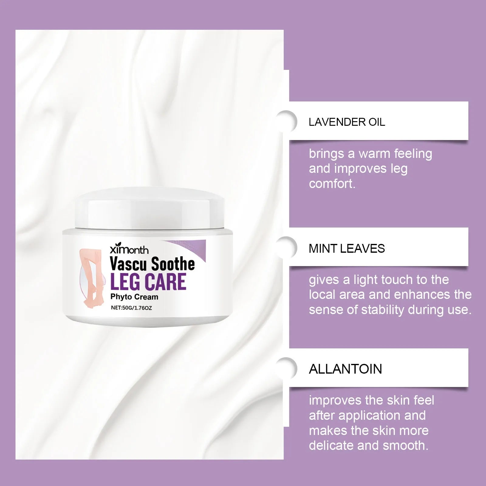 50g tube of Discomfort Moisturizing Daily Massage Cream with lavender oil and mint leaf on a neutral background