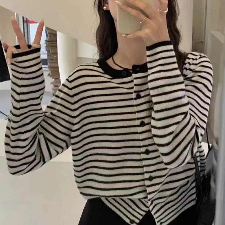 Women's dark grey white striped cardigan with 40cm length and slim fit viscose blend fabric